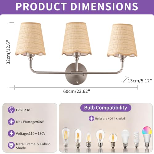 3 Light Boho Rattan Bathroom Vanity Light Fixture
