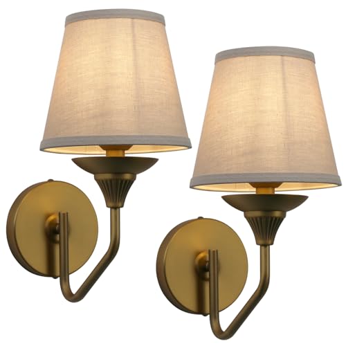 Set of 2 Antique Brass Pipe Curved Stem Funnel Fabric Lampshade Wall Sconce