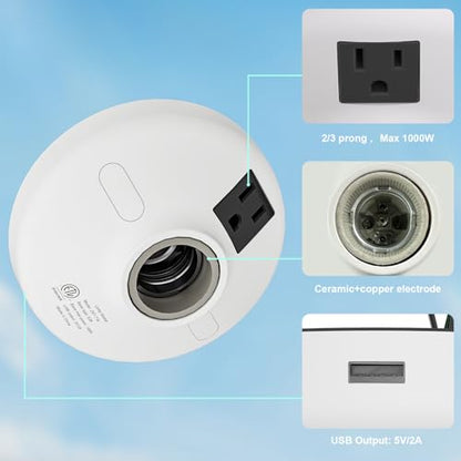 3-in-1 Light Socket Adapter with USB (5V/2A) & Outlet - E26/E27 Bulb to Power Outlet Converter, USB Charger Port, 3-Prong US Plug for Cameras, Projectors, Smart Devices