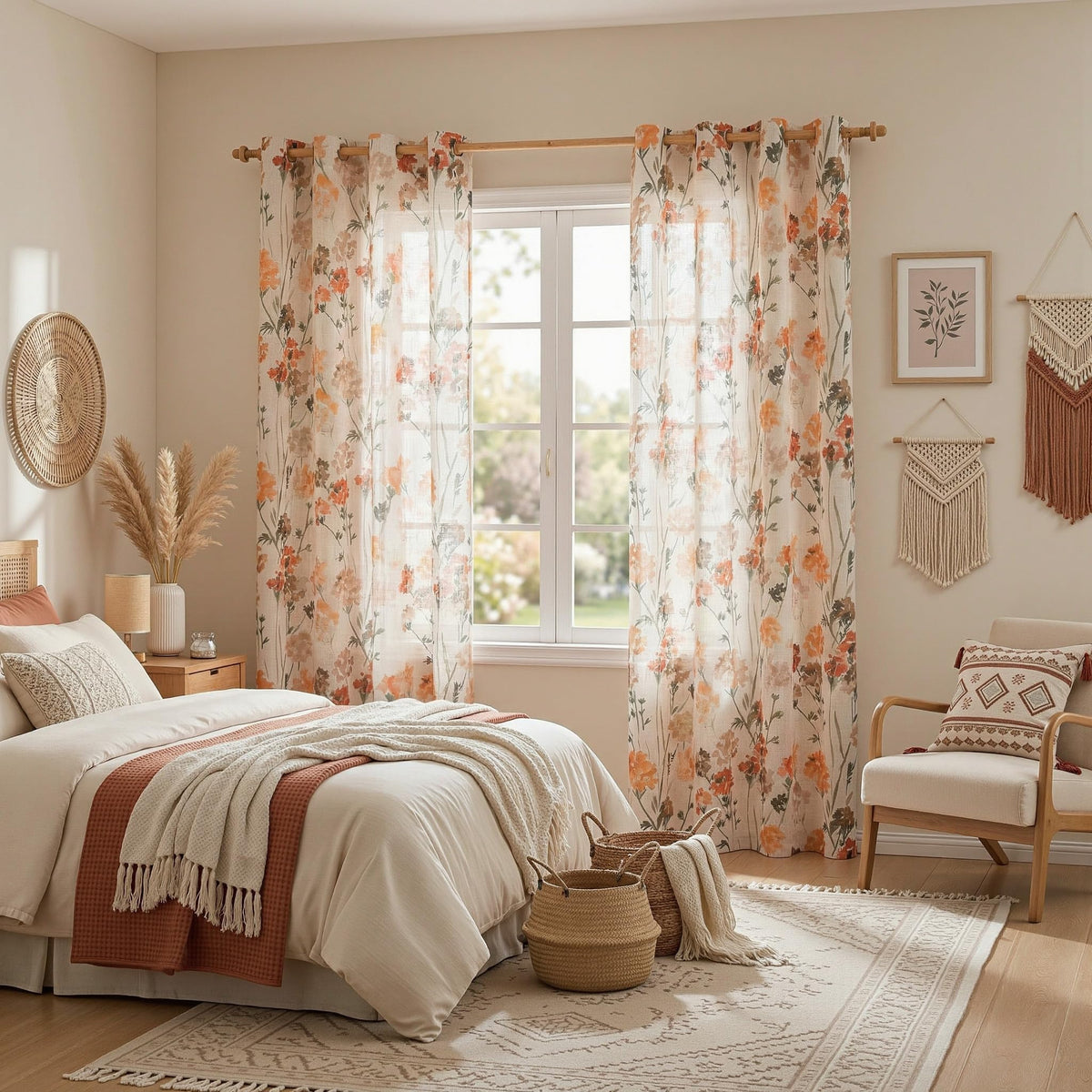 Orange Semi Sheer Floral Curtains Linen Printed Drapes (Orange / 52"W x 63"L (Pack of 2))