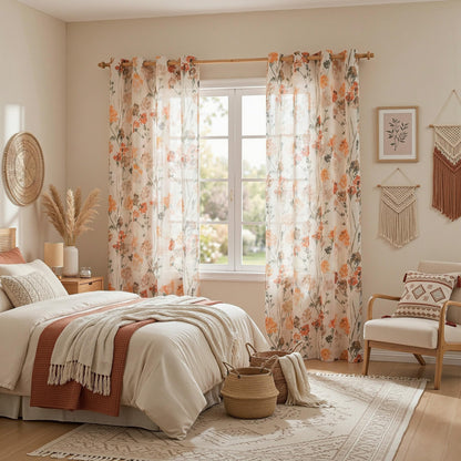 Orange Semi Sheer Floral Curtains Linen Printed Drapes (Orange / 52"W x 63"L (Pack of 2))