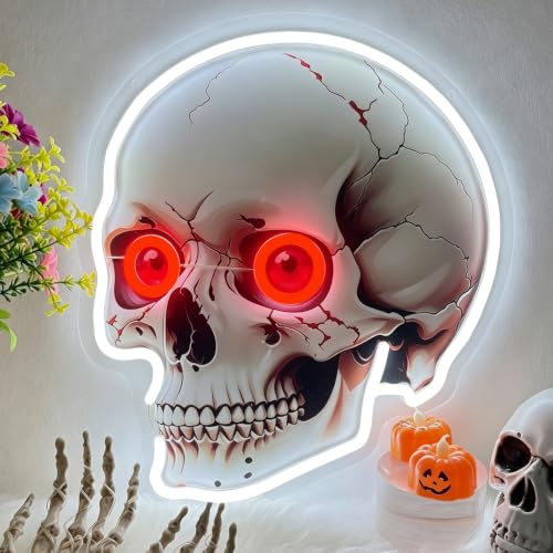 Halloween Skull Neon Sign UV Printed Dimmable Gothic Horror Red Eye Led Neon Light for Wall Decor USB Powered Cracked Skull Neon Light Up Sign for Game Room Man Cave Bar Halloween Party Present