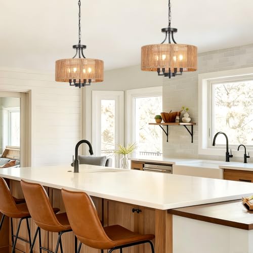 2-in-1 Convertible Rattan Boho Chandelier Pendant Light Fixture for Dining Room Bedroom Living Room