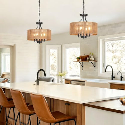 2-in-1 Convertible Rattan Boho Chandelier Pendant Light Fixture for Dining Room Bedroom Living Room