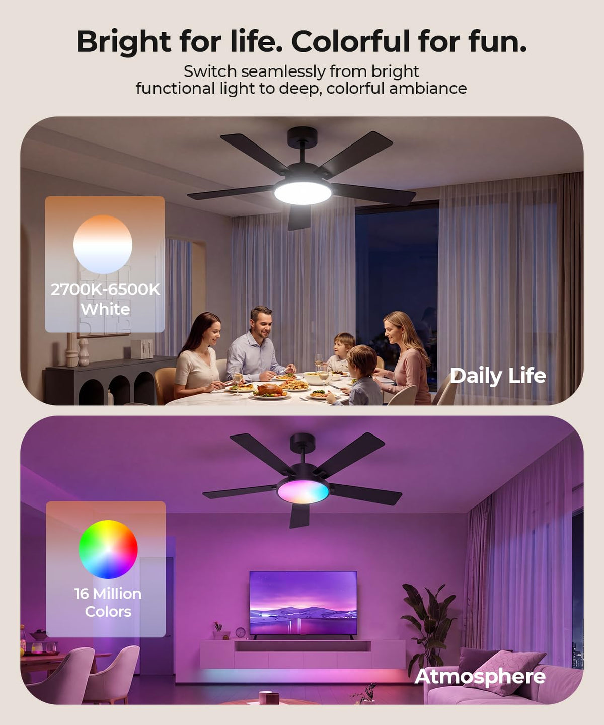 RGBCW Smart 52" 2600LM LED Ceiling Fan Light with Remote (Black +Walnut / 52 Inch)