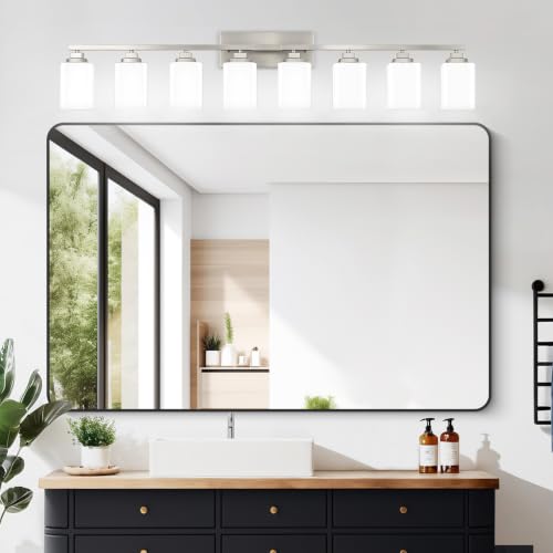 Brushed Nickel Bathroom Light Fixtures (Nickel-White Shade / 8-Light)