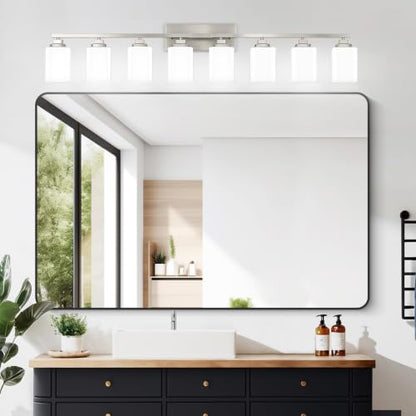 Brushed Nickel Bathroom Light Fixtures (Nickel-White Shade / 8-Light)