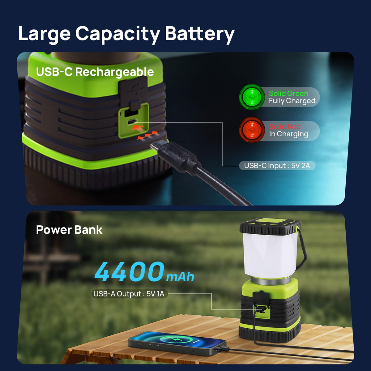 1000LM LED Camping Lantern Rechargeable (Light Green / 2 Pack)