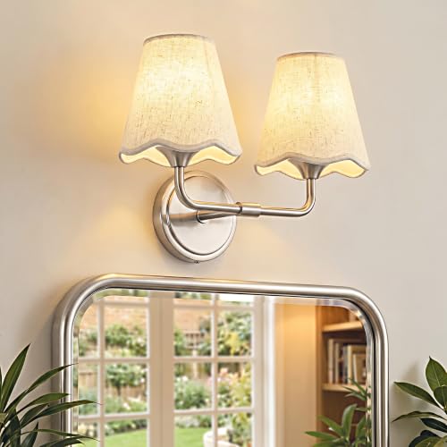 Bathroom Light Fixtures with White Wavy Flared Fabric Shade