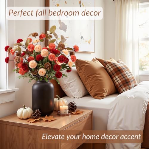 16 PCS Silk Mums Artificial Fall Flowers with Eucalyptus for Vase (Yellow Red Orange Brown)