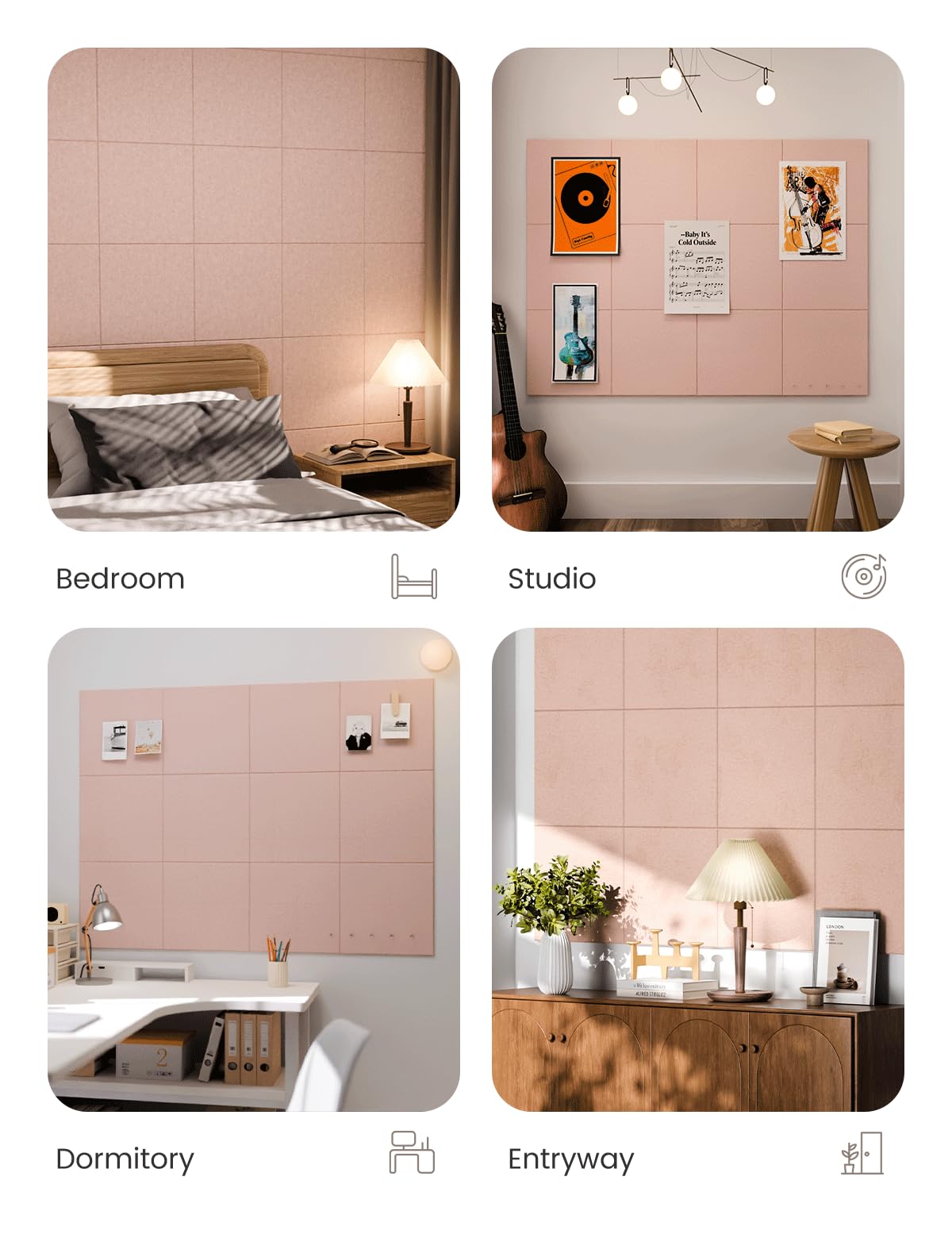 Felt Bulletin Board & Cork Board Alternative 48'' x 36'' (Pink-1 / Solid tile 12-pack)