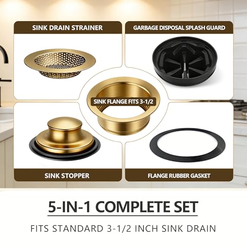 5-in-1 Garbage Disposal Flange Set – Complete Kit with Sink Strainer, Splash Guard, Stopper & Rubber Gasket – Fits 3-1/2 Inch Sink Drain – Multiple Colors