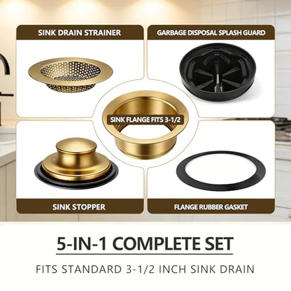 5-in-1 Garbage Disposal Flange Set – Complete Kit with Sink Strainer, Splash Guard, Stopper & Rubber Gasket – Fits 3-1/2 Inch Sink Drain – Multiple Colors