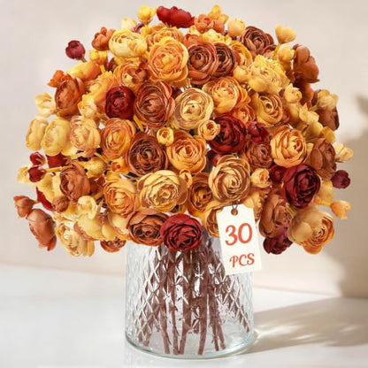 30Pcs Ranunculus Artificial Flowers Fall Faux Silk Mini Ranunculus (Maple Orange&burgundy&mocha Brown&fall Yellow)