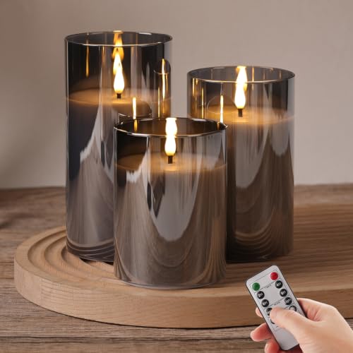 Moving Flame Glass Flameless Pillar Candles with Remote Set of 3