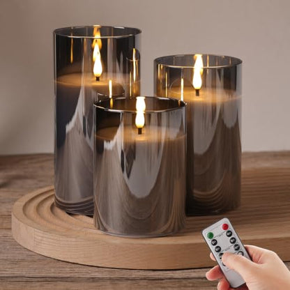 Moving Flame Glass Flameless Pillar Candles with Remote Set of 3