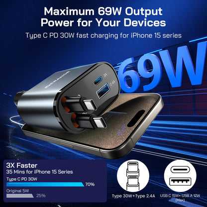 2 Pack] Retractable Car Charger 4 in 1 Fast Car Phone Charger 69W (2 Pack C + C Retractable Cords)