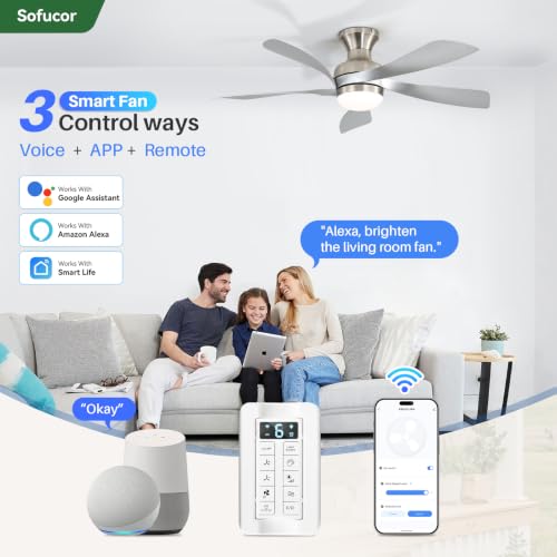 52 Inch Smart Ceiling Fans with Lights and Remote (Silver+Nickel / 52inch Max)
