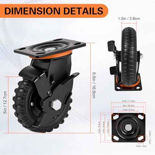 5 Inch Caster Wheels 4pcs Heavy Duty Swivel with Brake Rubber Solid Wheels (5 Inch Wheel)