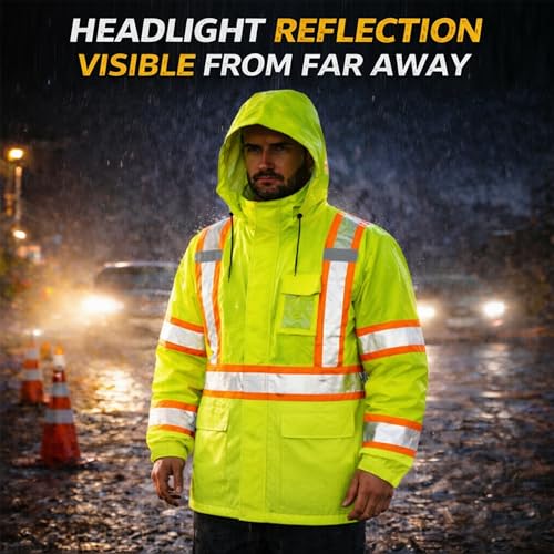 High Visibility Reflective Rain Jacket for Men (4X-Large-5X-Large / Yellow)