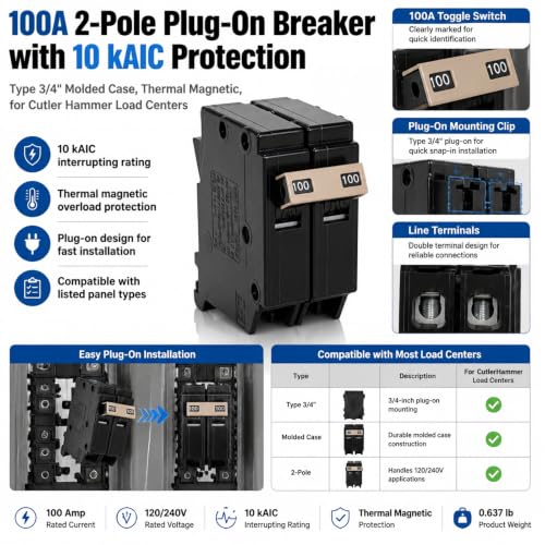2 Pole 100 Amp Circuit Breaker Replacement for Load Centers Type 3 (Breaker-100)