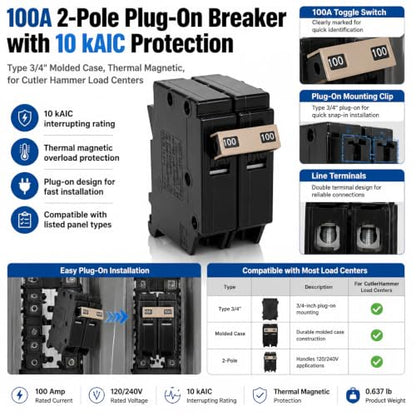2 Pole 100 Amp Circuit Breaker Replacement for Load Centers Type 3 (Breaker-100)