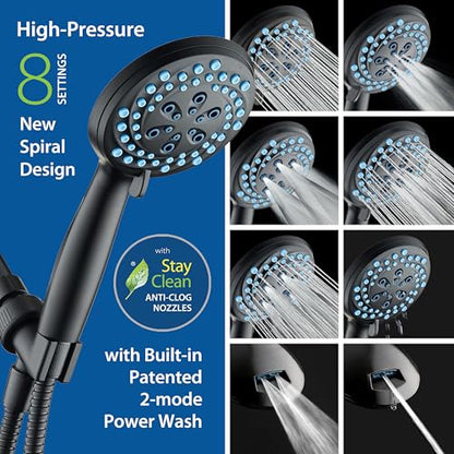 Seen-On-TV High Pressure 8-mode Handheld Shower Head - 2-mode Power Wash to Clean Tub, Tile & Pets, Stay-Clean Nozzles, Extra Long 6 ft. Stainless Steel Hose, Wall & Overhead Brackets