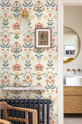 Boho Peel and Stick Wallpaper Vintage Floral Wallpaper (17.3" x 196.8" / Red/Yellow)