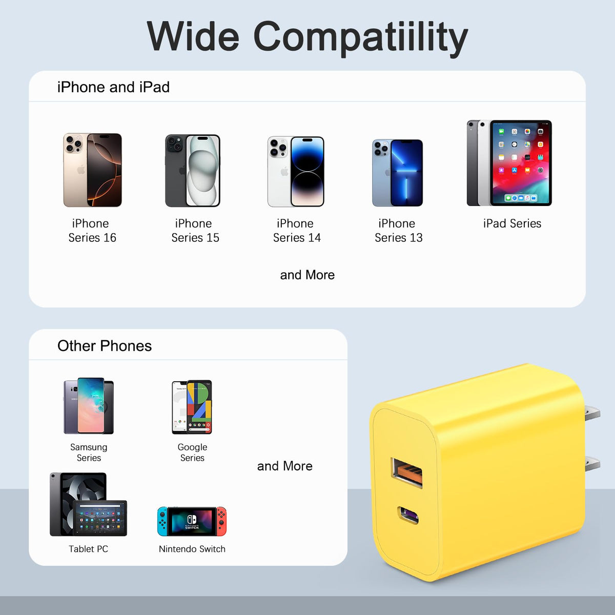 USB C Charger Block Fast Charging Block Type C Charger Multiport Adapter (Yellow / 20W2Pack)