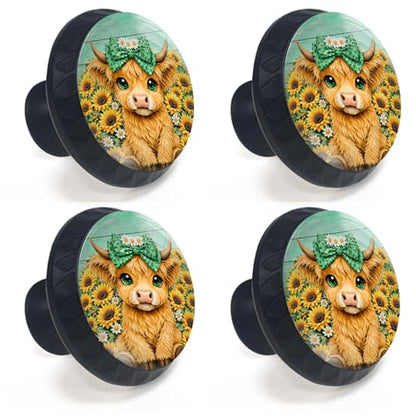 4 Pack Highland Cow with Sunflower Cabinet Knobs for Kitchen