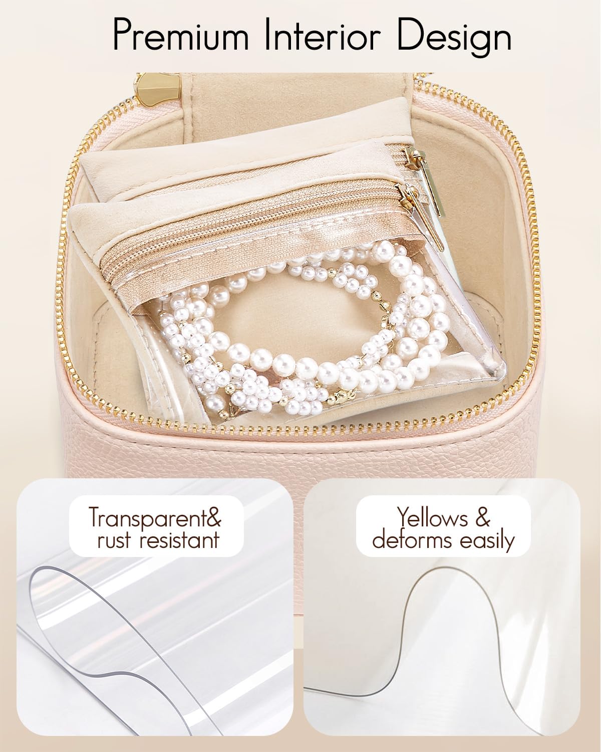 Travel Jewelry Organizer Case with 6 Clear Velvet Zipper Pouches (F.6 PCS Pink)