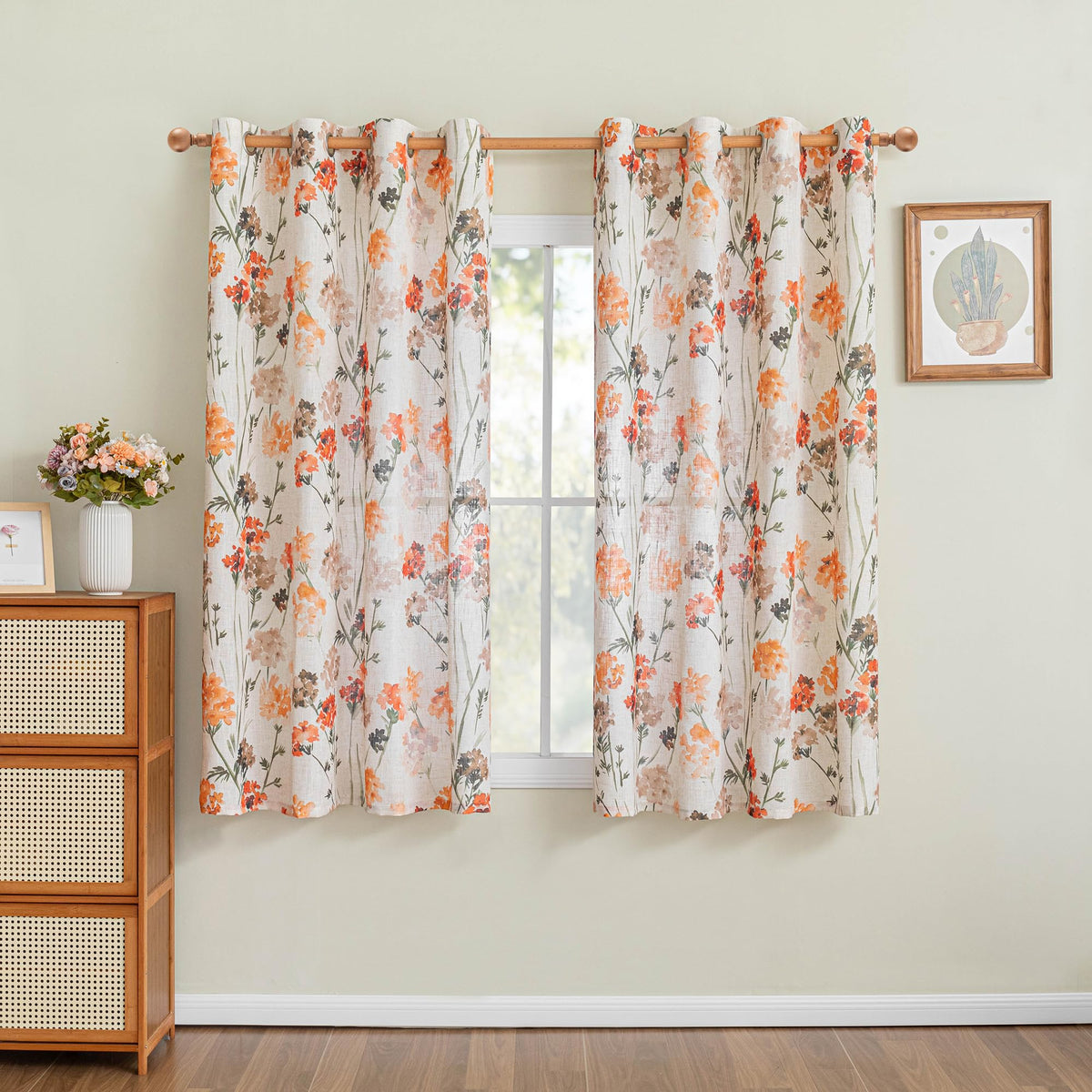 Orange Semi Sheer Floral Curtains Linen Printed Drapes (Orange / 52"W x 63"L (Pack of 2))