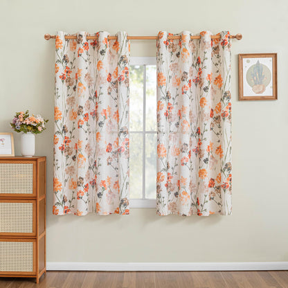 Orange Semi Sheer Floral Curtains Linen Printed Drapes (Orange / 52"W x 63"L (Pack of 2))