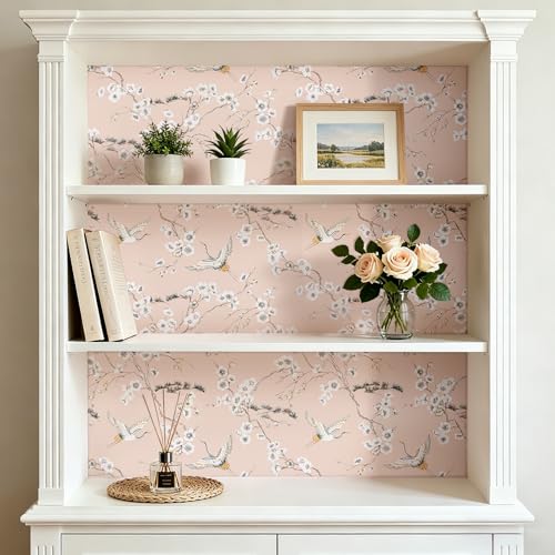 Pink Crane Wallpaper Peel and Stick Japanese Cherry Blossom Wallpaper Vintage Asian Bird Flying Crane Contact Paper Self Adhesive