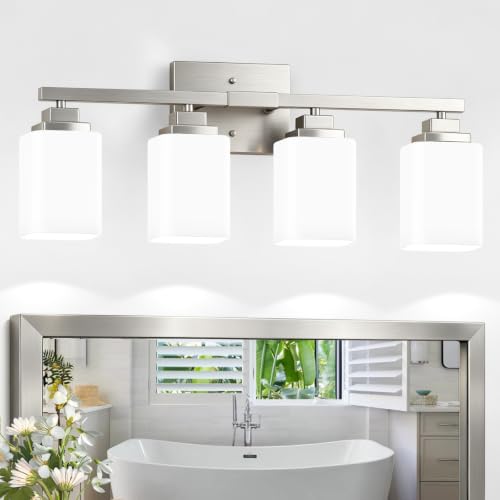 Brushed Nickel Bathroom Light Fixtures (Nickel-White Shade / 4-Light)
