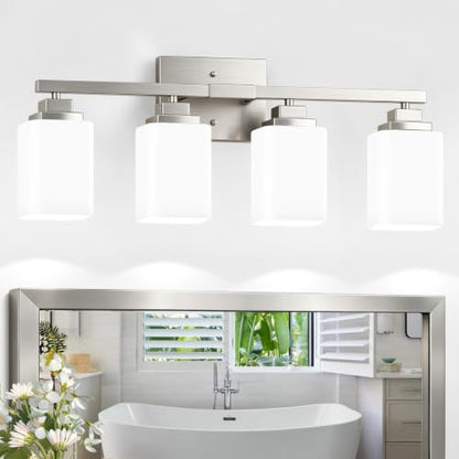 Brushed Nickel Bathroom Light Fixtures (Nickel-White Shade / 4-Light)