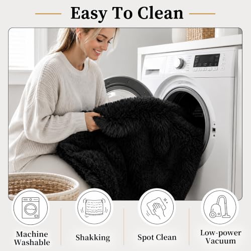 6ft Round Shag Area Rug Living Room Bedroom Washable Black (Black / 6' (Round))