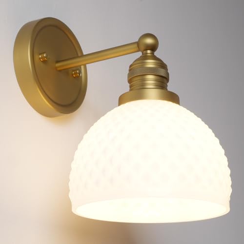Brass Wall Sconce Vintage Milk White Glass Vanity Light Hardwired Gold Wall Mounted Lamp for Bathroom Mirror to Elevate Decor & Refresh Older Home’s Look E26