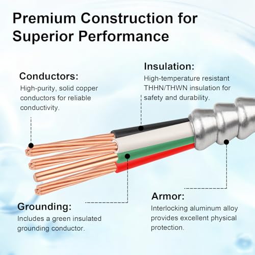 8 AWG 3 Metal Clad MC Armor Cable with Ground 100FT (100FT / 8AWG/3)