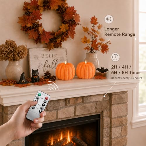 Pumpkin Flameless Candle Remote Control Battery Operated Orange 6x6.5 Inch for Home Autumn Halloween Decoration