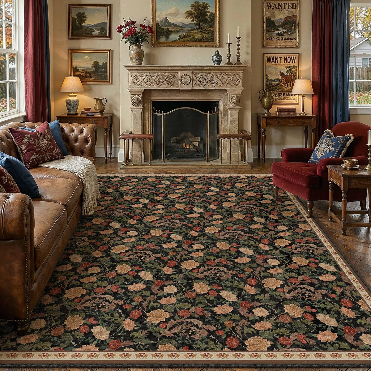 Retro Area Rugs 9x12 Washable Living Room Bedroom Rugs Vintage Floral Throw Carpet Black Brown Stain Resistant Non Slip Low Pile for Home Aesthetic Modern Decor (Retro | Black Brown / 9' x 12' (Rectangular))