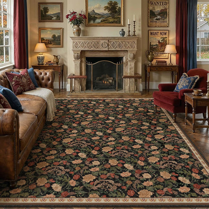 Retro Area Rugs 9x12 Washable Living Room Bedroom Rugs Vintage Floral Throw Carpet Black Brown Stain Resistant Non Slip Low Pile for Home Aesthetic Modern Decor (Retro | Black Brown / 9' x 12' (Rectangular))