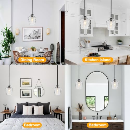 Modern Hammered Glass Pendant Lighting for Kitchen Island (Black-Rods / 7.75")