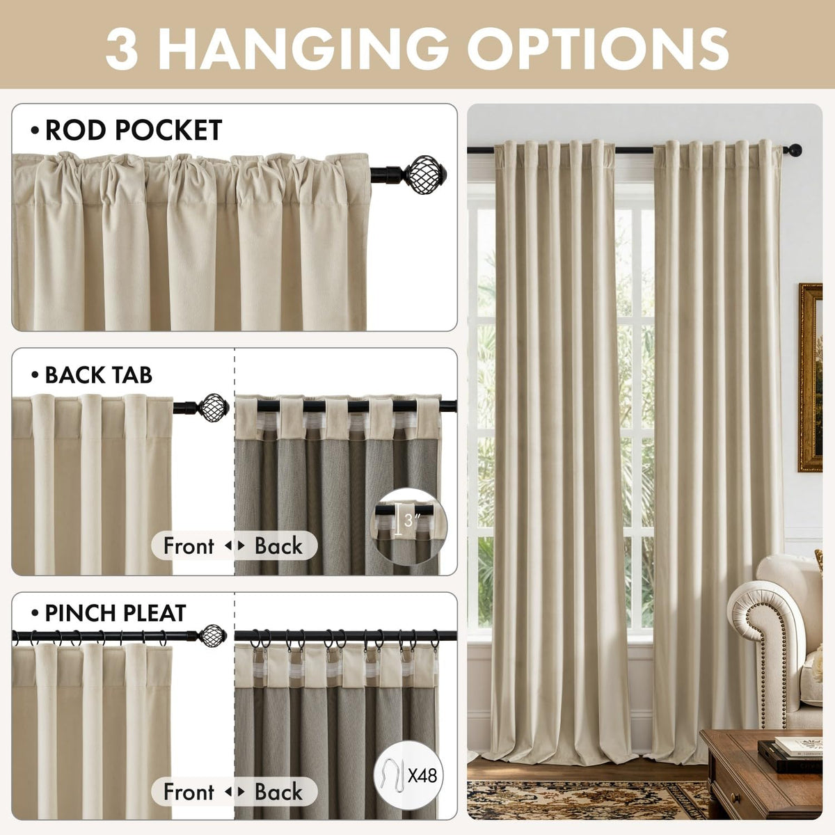 Beige Velvet Curtains 4 Panels Set Back Tab 40 x 108 Inch Long (Beige / 40"W x 108"L (Pack of 4))