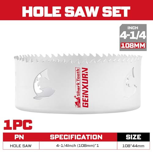 4-1/4 Inch(108mm) Hole Saw, 1PC HSS Bi-Metal Hole Saw Kit with Shark Tooth Hole Cutter for Wood,Drywall, PVC Boards and Thin Metal (1 PCS 4-1/4")