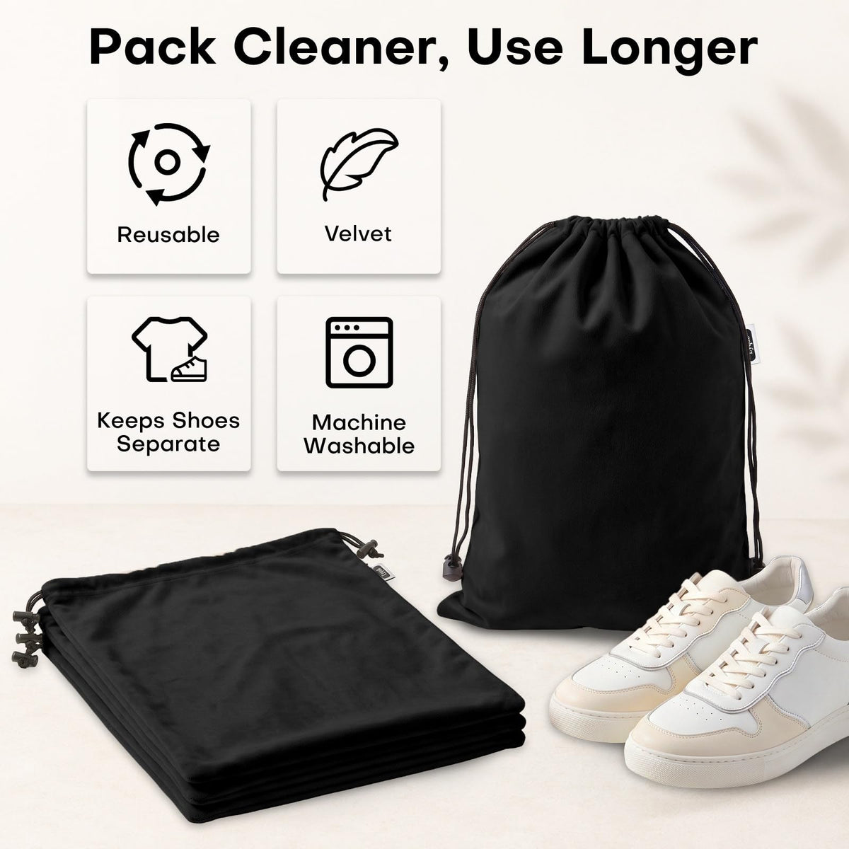 4 Pack Large Shoe Bags for Travel (Black)