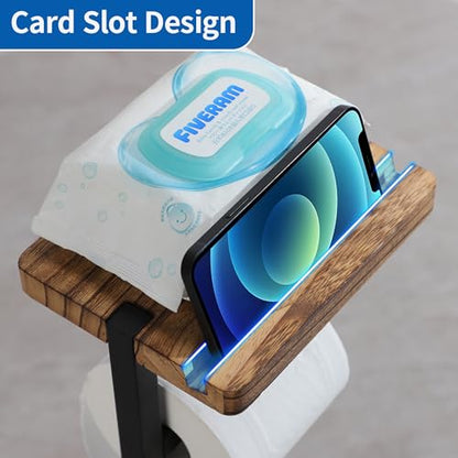 Freestanding Toilet Paper Holder Stand with Wood Shelf