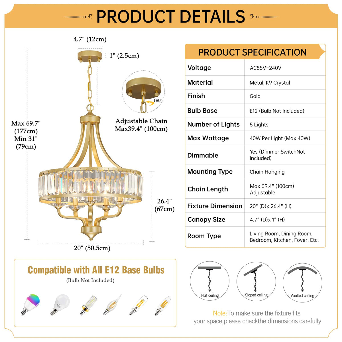5 Light Gold Crystal Chandelier (Gold / 5-Light)