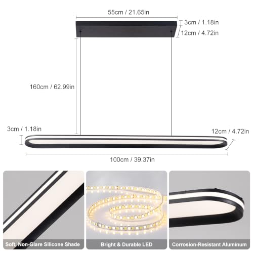 Modern LED Pendant Light Dimmable Linear Pendant Light 39.4in Semi Flush Mount Long Lights with Remote Control and Side Lighting for Living Room Kitchen Dining Room