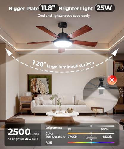 RGBCW Smart 52" 2600LM LED Ceiling Fan Light with Remote